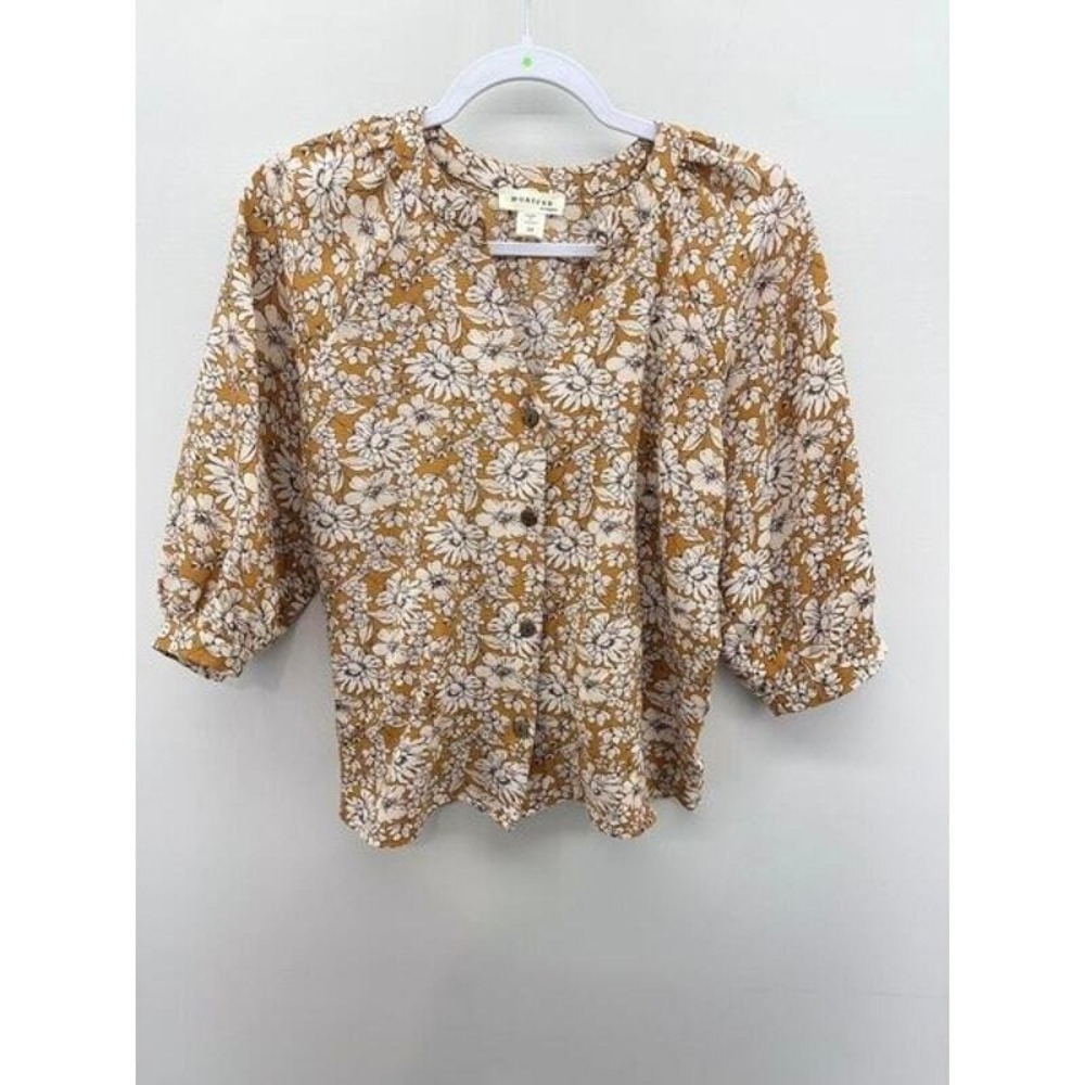 Monteau Blouse Wms Medium Yellow Floral Balloon Sleeve Short Waist‎ Button Down